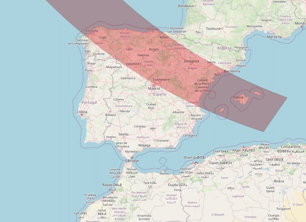 Franja de totalidad del eclipse de sol del 12 de agosto de 2026.